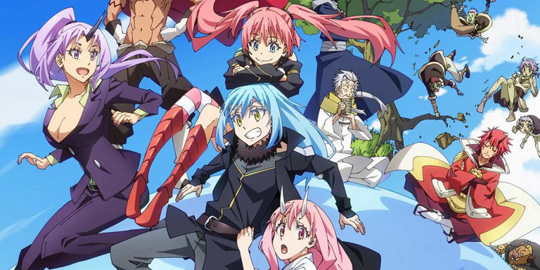 That Time I Got Reincarnated as a Slime anime promo image from the movie featuring the main cast flying through the sky.