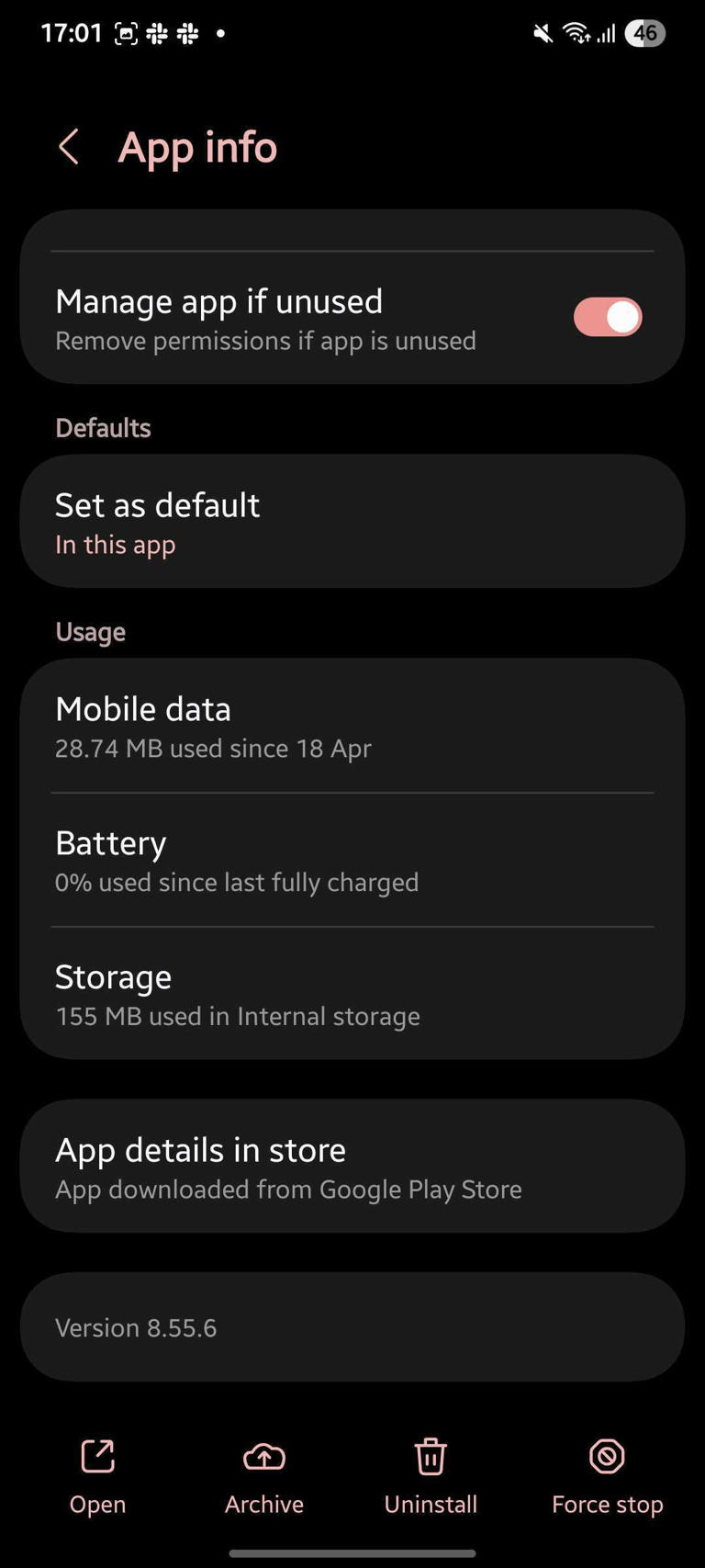 Screenshot showing app info page in One UI Settings