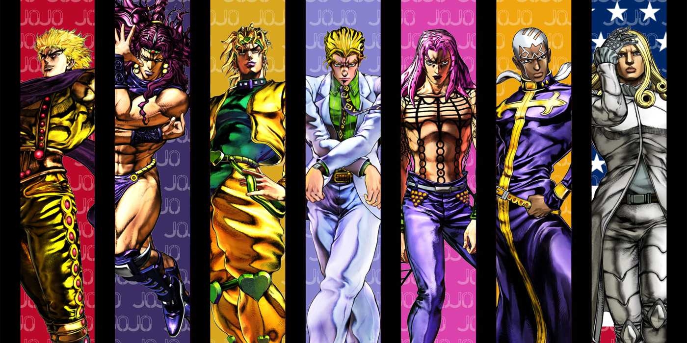 L to R: Dio, Kars, Dio, Kira, Diavolo, Pucci, and Valentine.