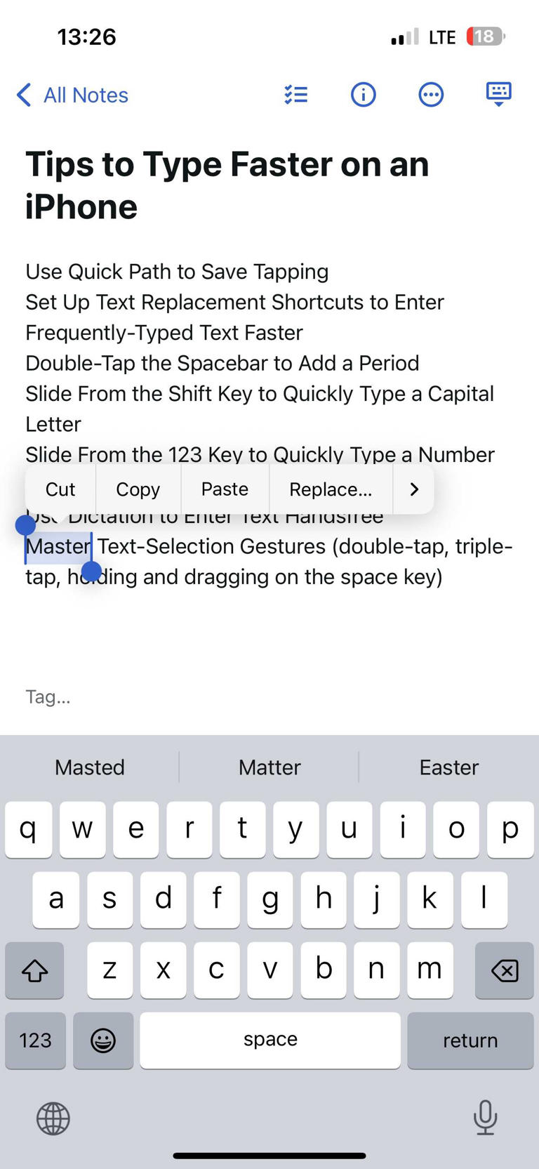 Selecting a word on an iPhone using the double-tap gesture.