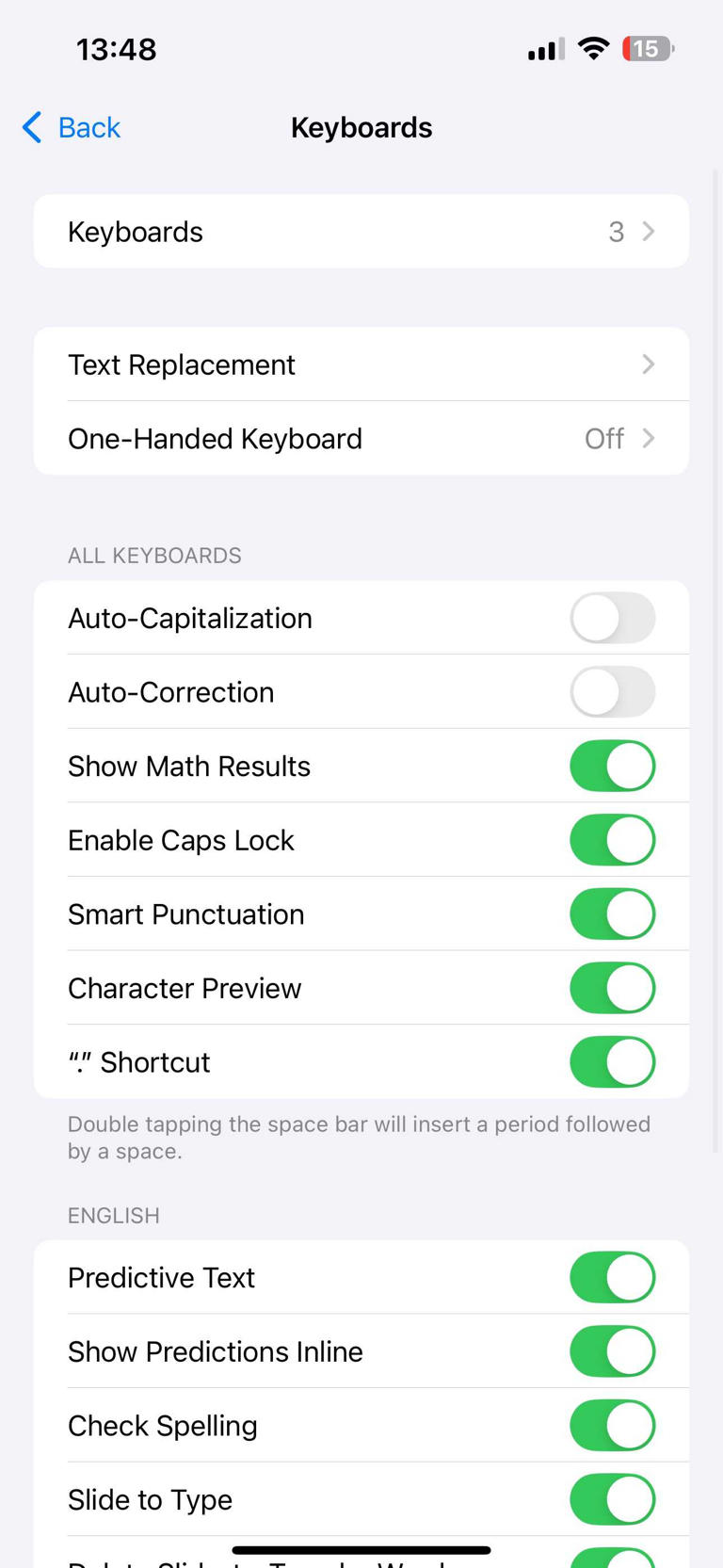 Keyboards settings page on an iPhone.
