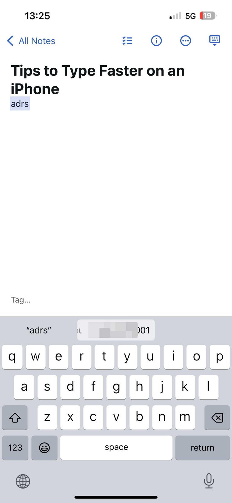 Typing the Text Replacement shortcut for a address.