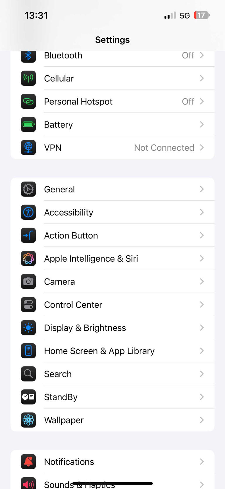 Settings page on an iPhone.