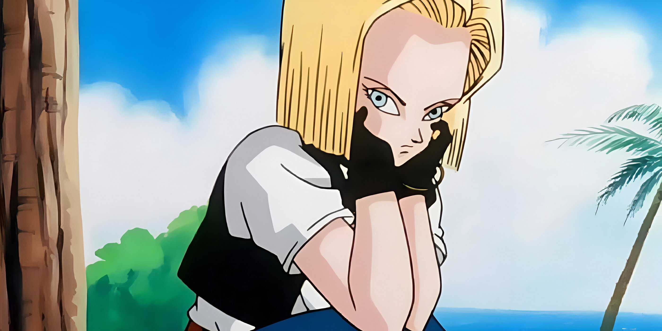 android 18 sitting with her hands holding her face dragon ball z.