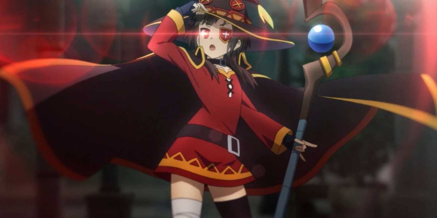 Megumin's eye glows and her cape flourishes in KonoSuba.