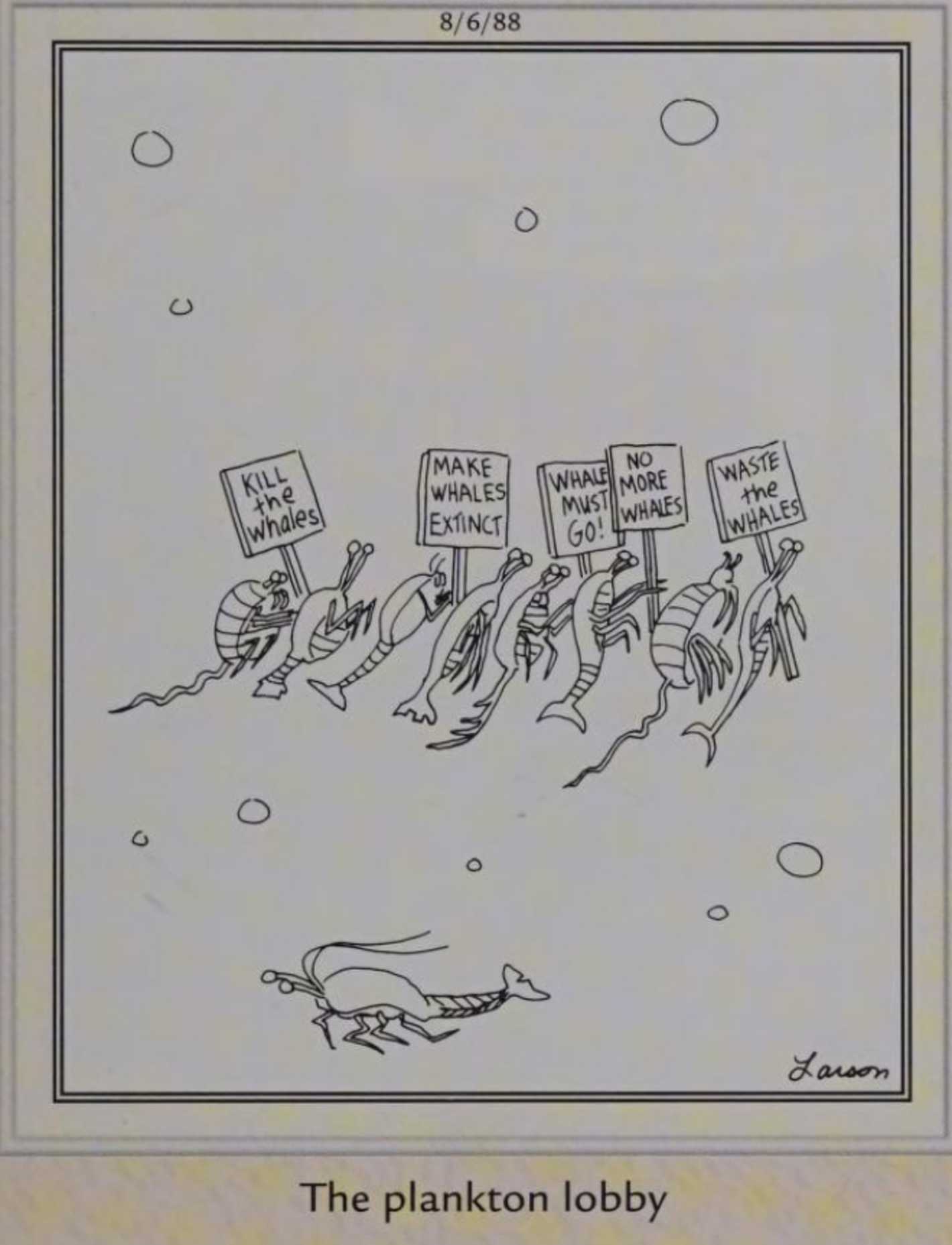 Far Side, August 6, 1988, plankton picketing whales