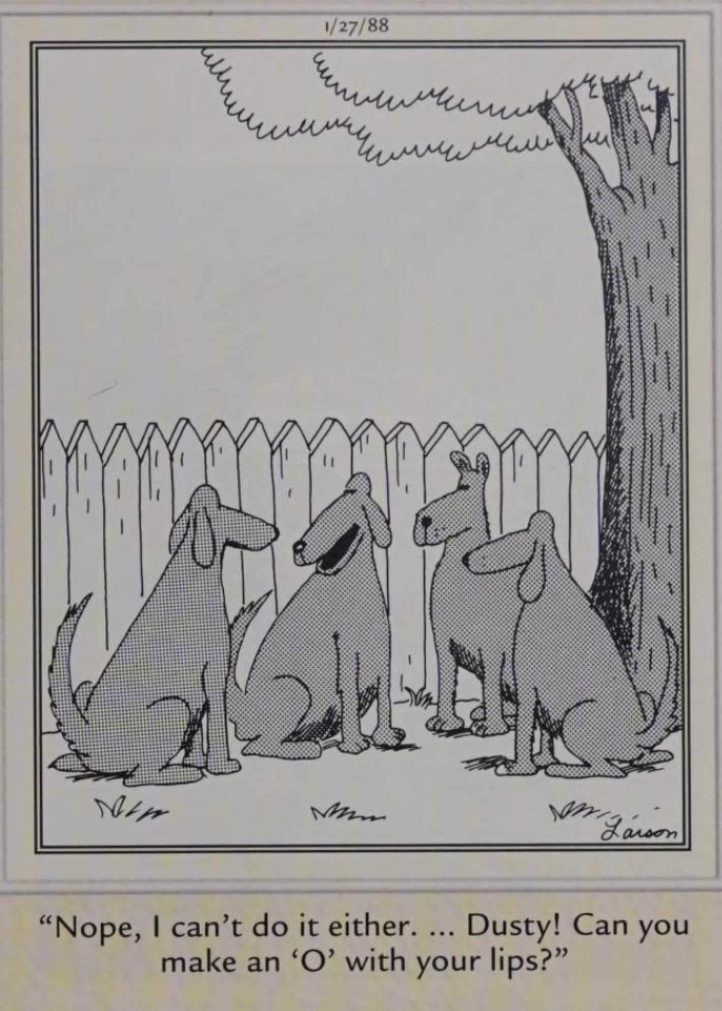 Far Side, January 27, 1988, dogs trying to make an 'O' with their mouths