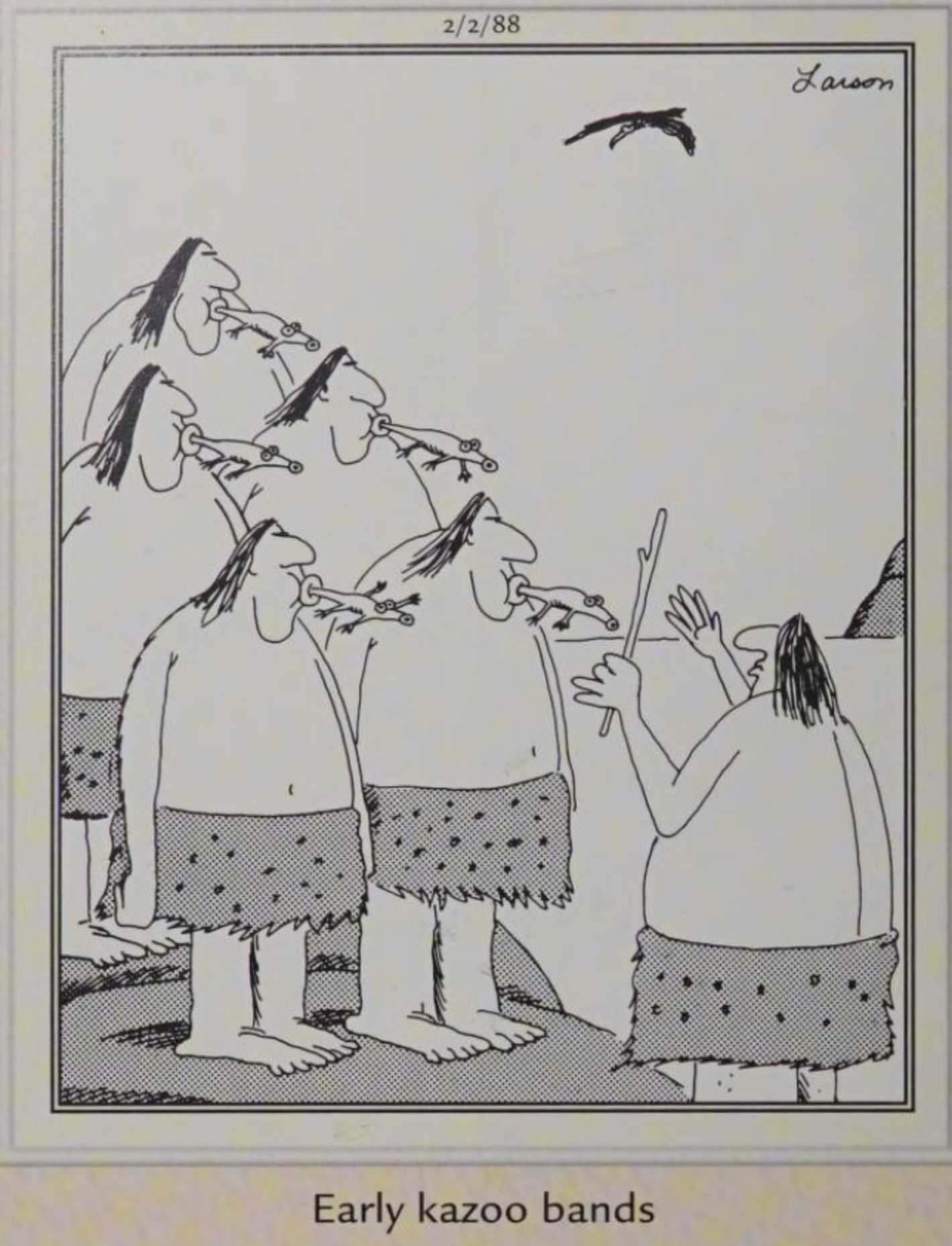 Far Side, February 2, 1988, cavemen using lizards as kazoos