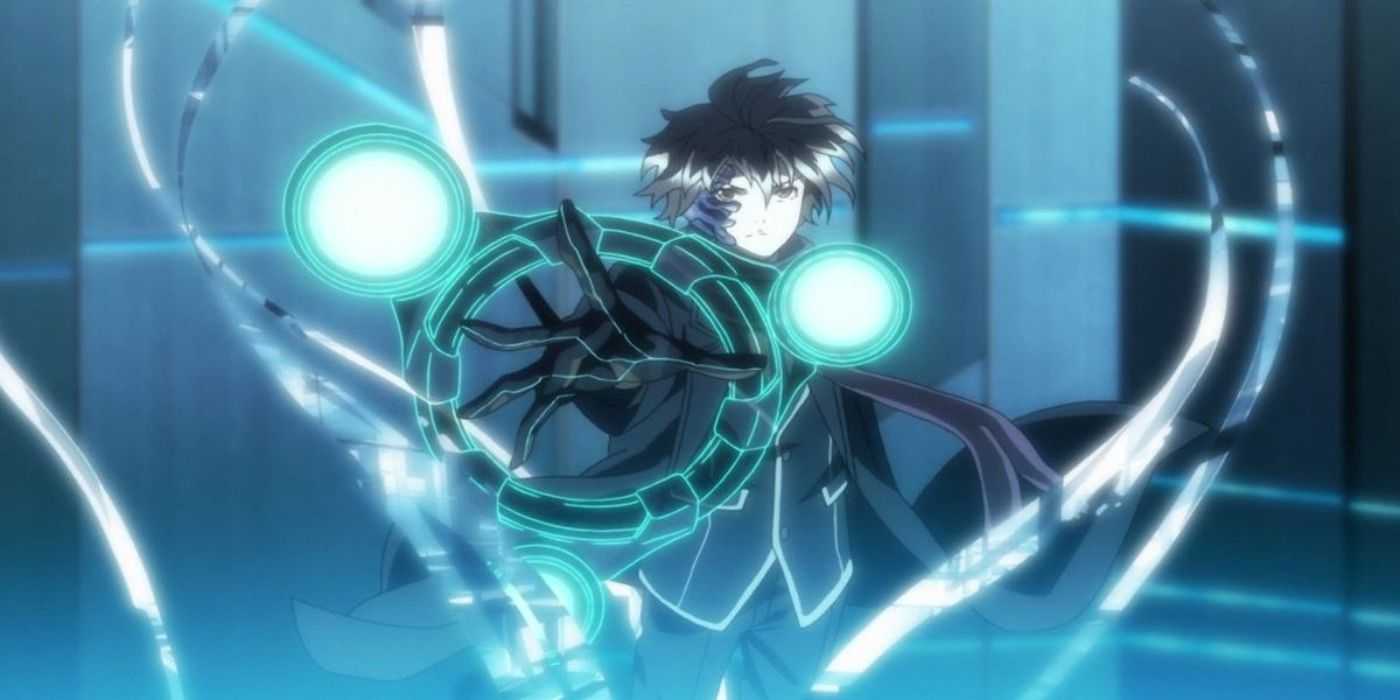 Shu Ouma is attacking an off-screen opponent in Guilty Crown.