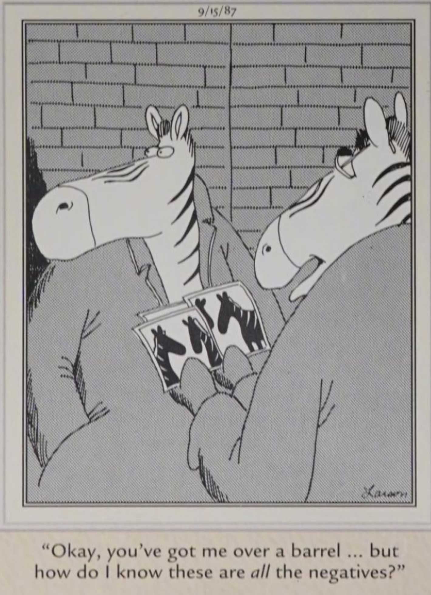 Far Side, September 15, 1987, two shady zebras meeting in an alleyway