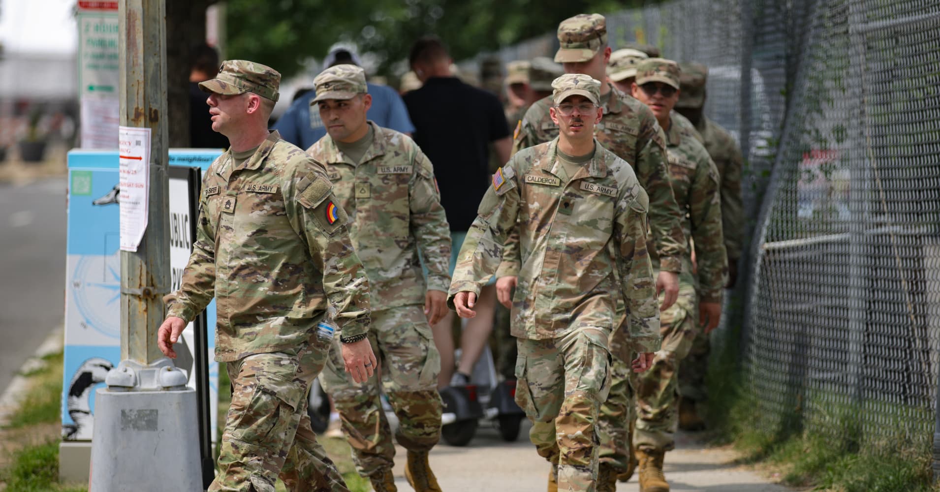Soldiers from the U.S. Army National Guard 42nd Infantry Division walk through streets in Washington, D.C. on June 13, 2025 ahead of a parade and festival the following day celebrating the 250th anniversary of the U.S. Army.