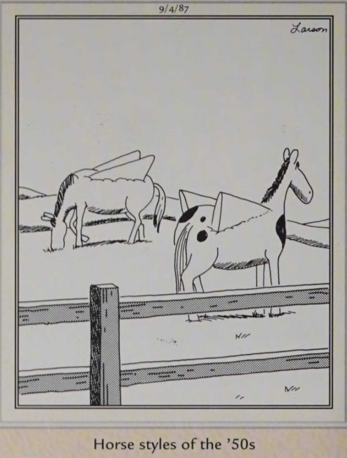 Far Side, September 4, 1987, horses with fins on them