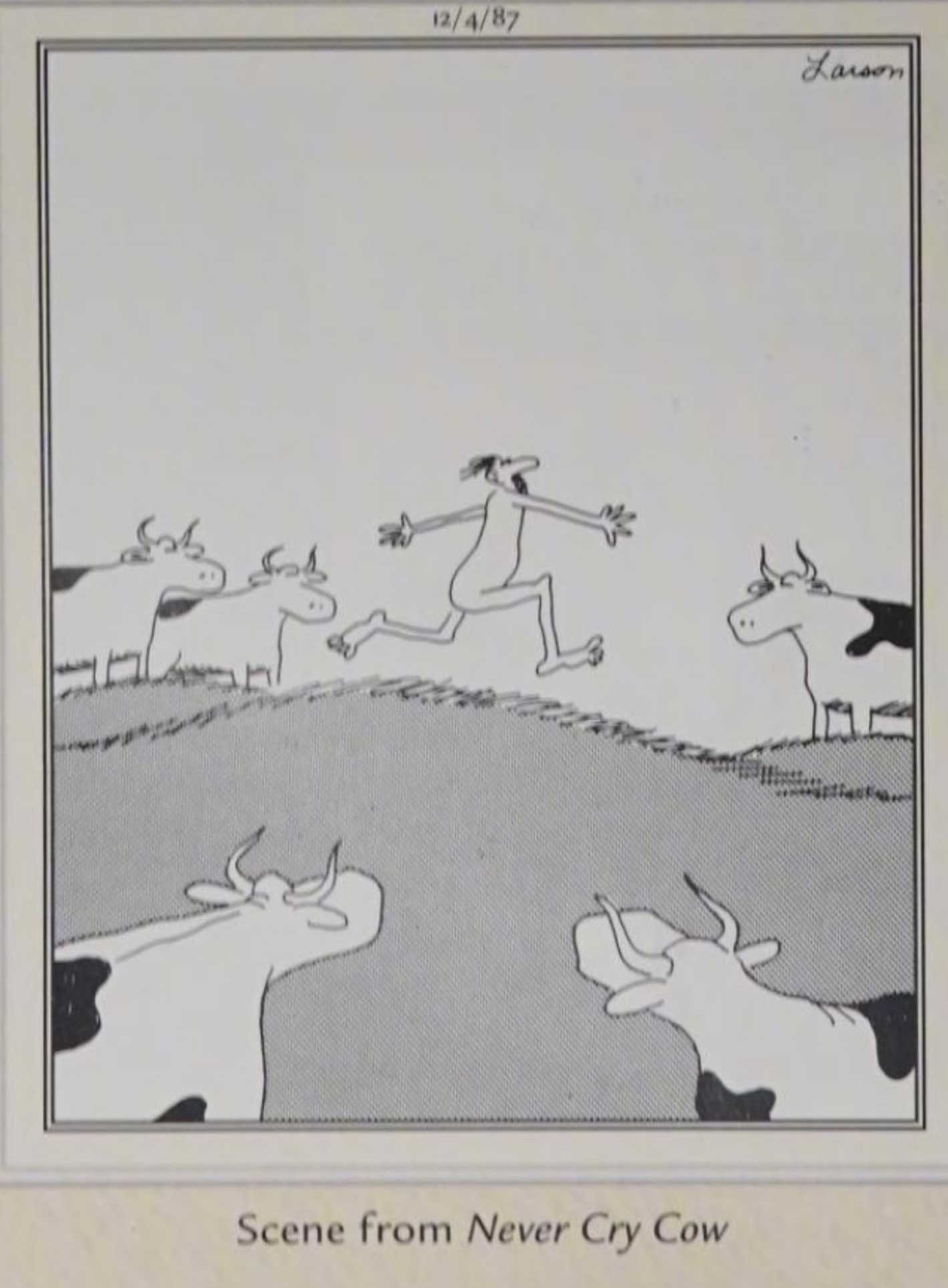 Far Side, December 4, 1987, a man running naked through a cow pasture