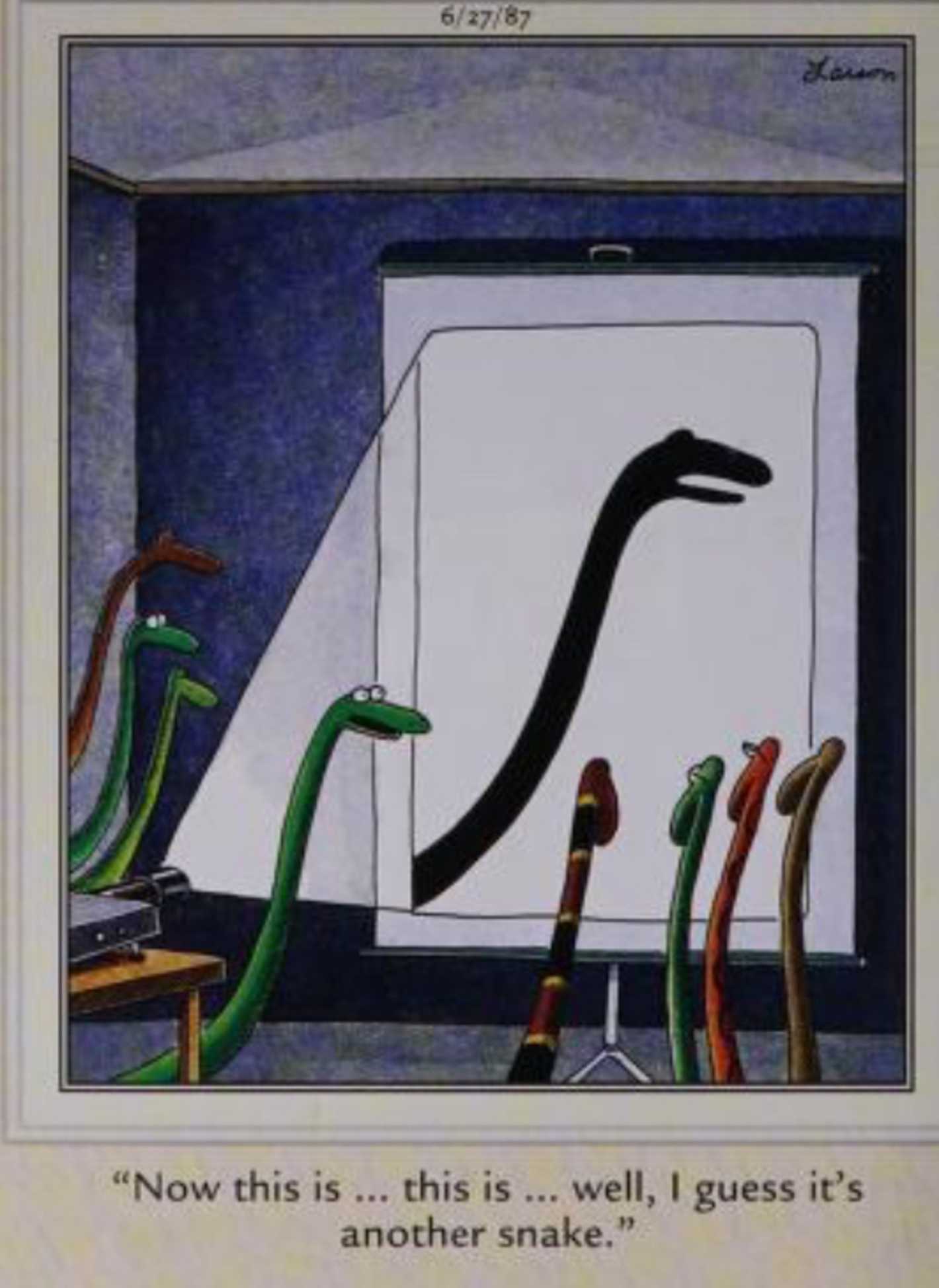 Far Side, June 27, 1987, a snake stands in front of its projector