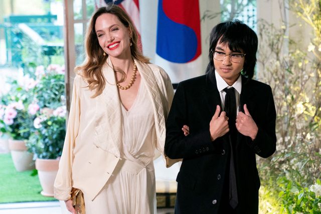 Angelina Jolie and son Maddox arrive for the State Dinner in honor of South Korean President Yoon Suk Yeol, at the White House in Washington, DC, on April 26, 2023