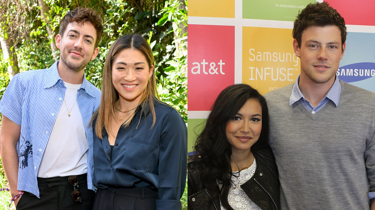 Split image. Left: Kevin McHale and Jenna Ushkowitz smiling outdoors circa 2024. Right: Naya Rivera and Cory Monteith posing at an event circa 2011.