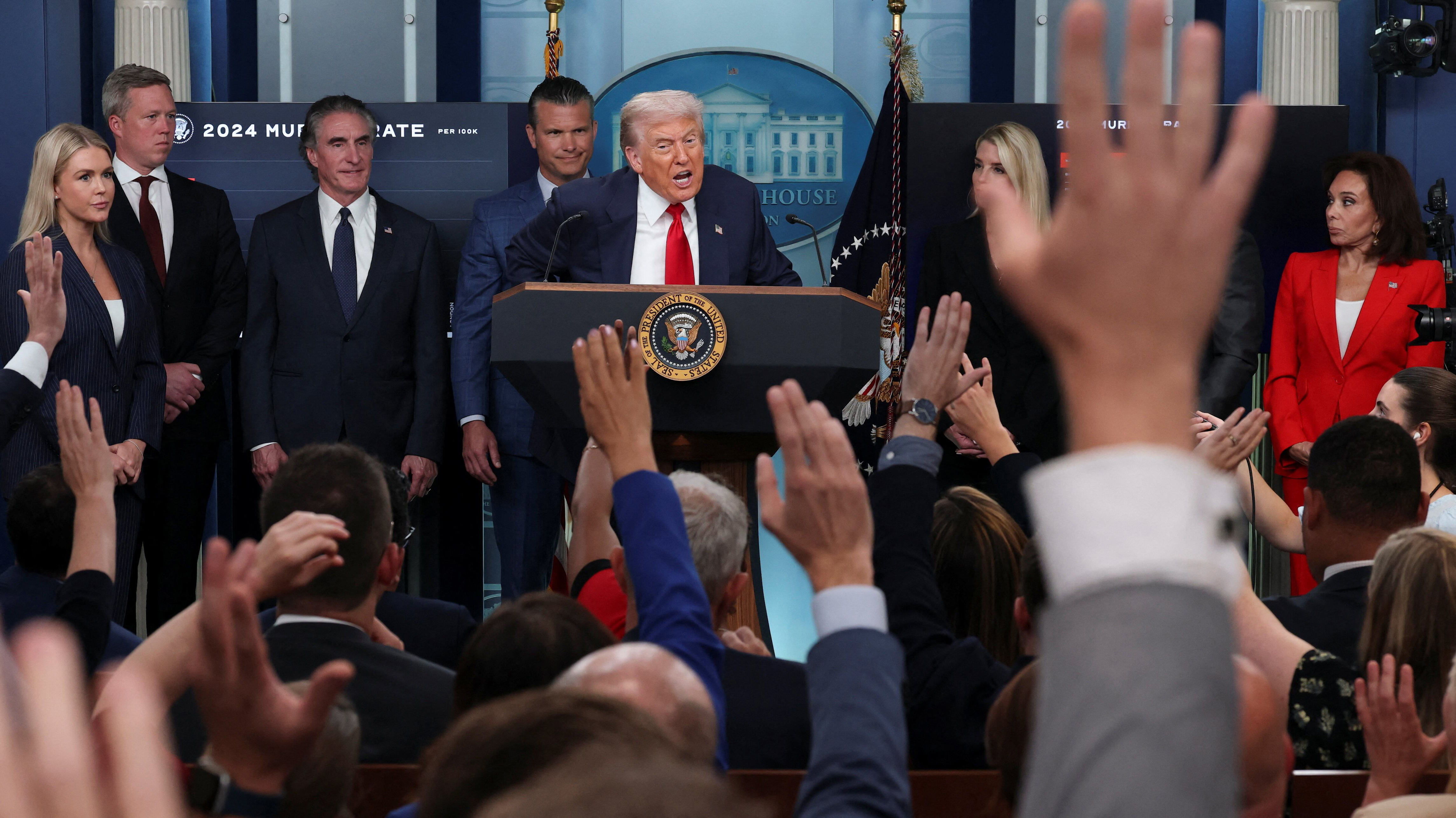 U.S. President Donald Trump speaks to the press about deploying federal law enforcement agents in Washington to bolster the local police presence, in the Press Briefing Room at the White House, in Washington D.C., U.S., August 11, 2025. / Jonathan Ernst / REUTERS