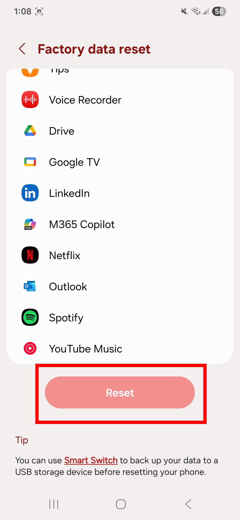Red rectangle outline highlighting Reset button in Factory data reset on One UI 7