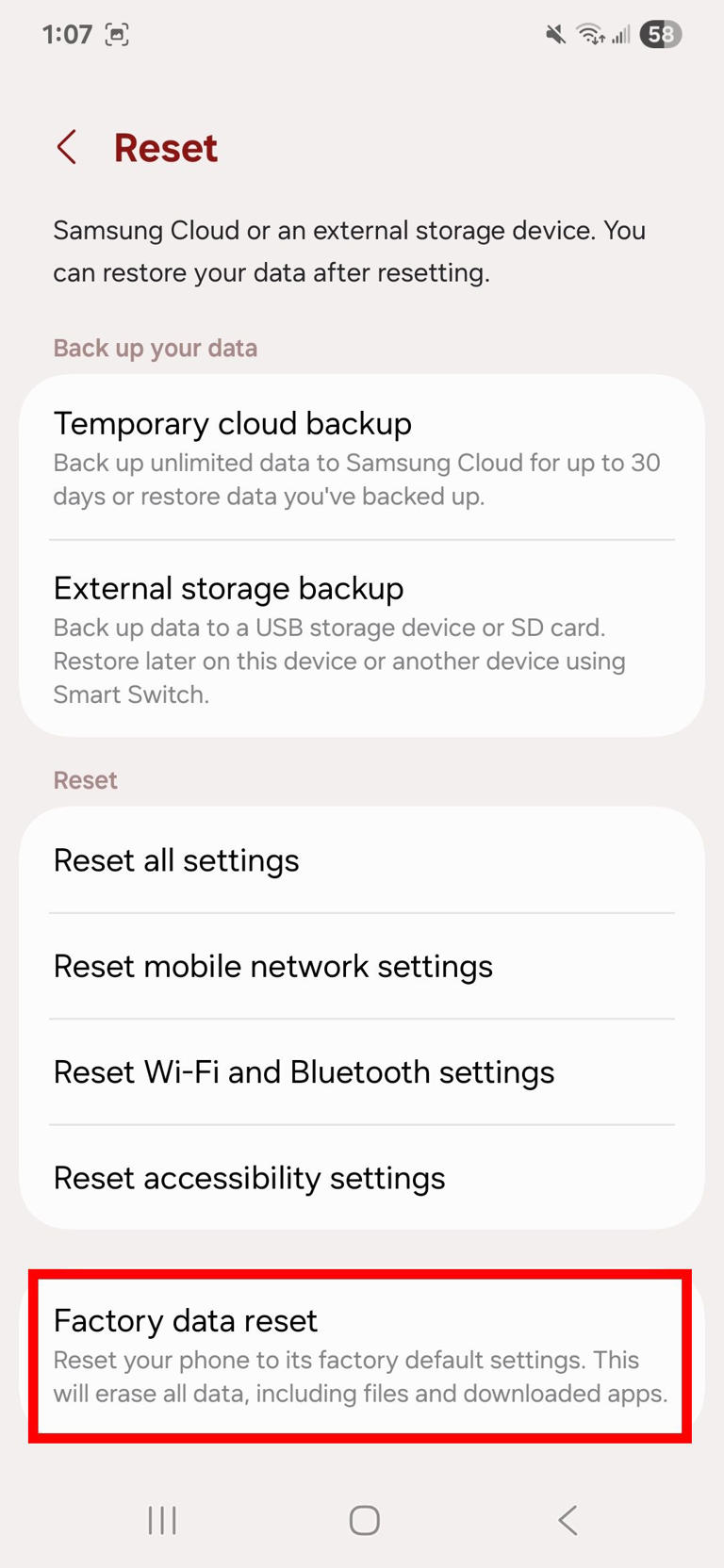 Red rectangle outline highlighting Factory data reset in Reset on One UI 7
