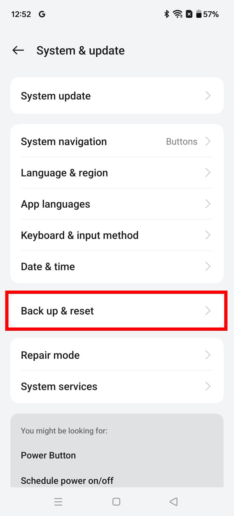 Red rectangle outline highlighting Back up & reset option in System & update on OnePlus based on OxygenOS 14