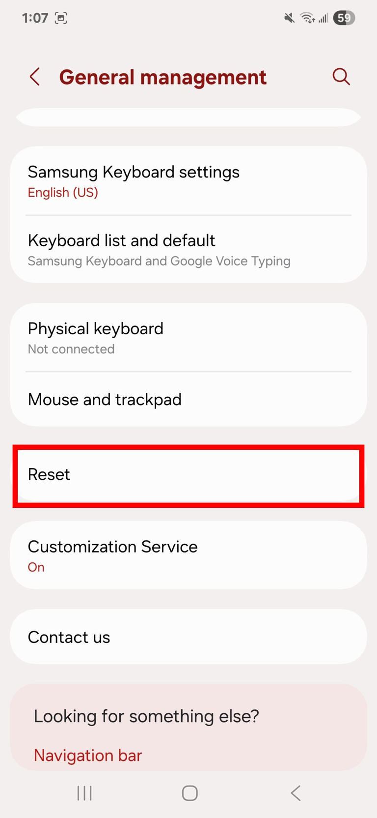 Red rectangle outline highlighting Reset option in General management on One UI 7