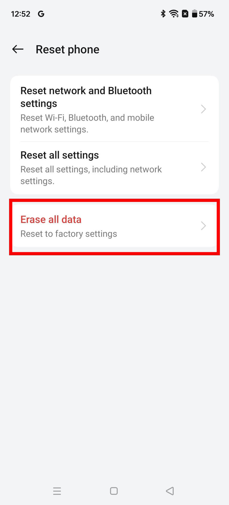 Red rectangle outline highlighting Erase all data in Reset phone on OnePlus based on OxygenOS 14