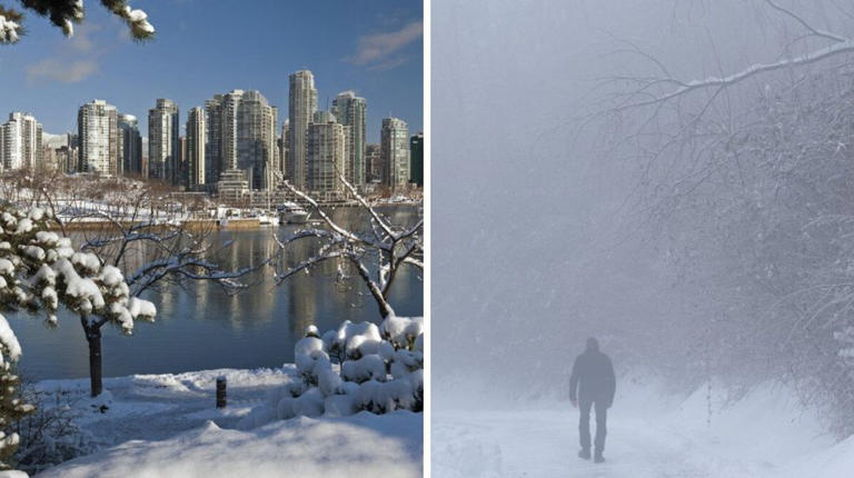 A city in the snow. Right: A whiteout blizzard. 