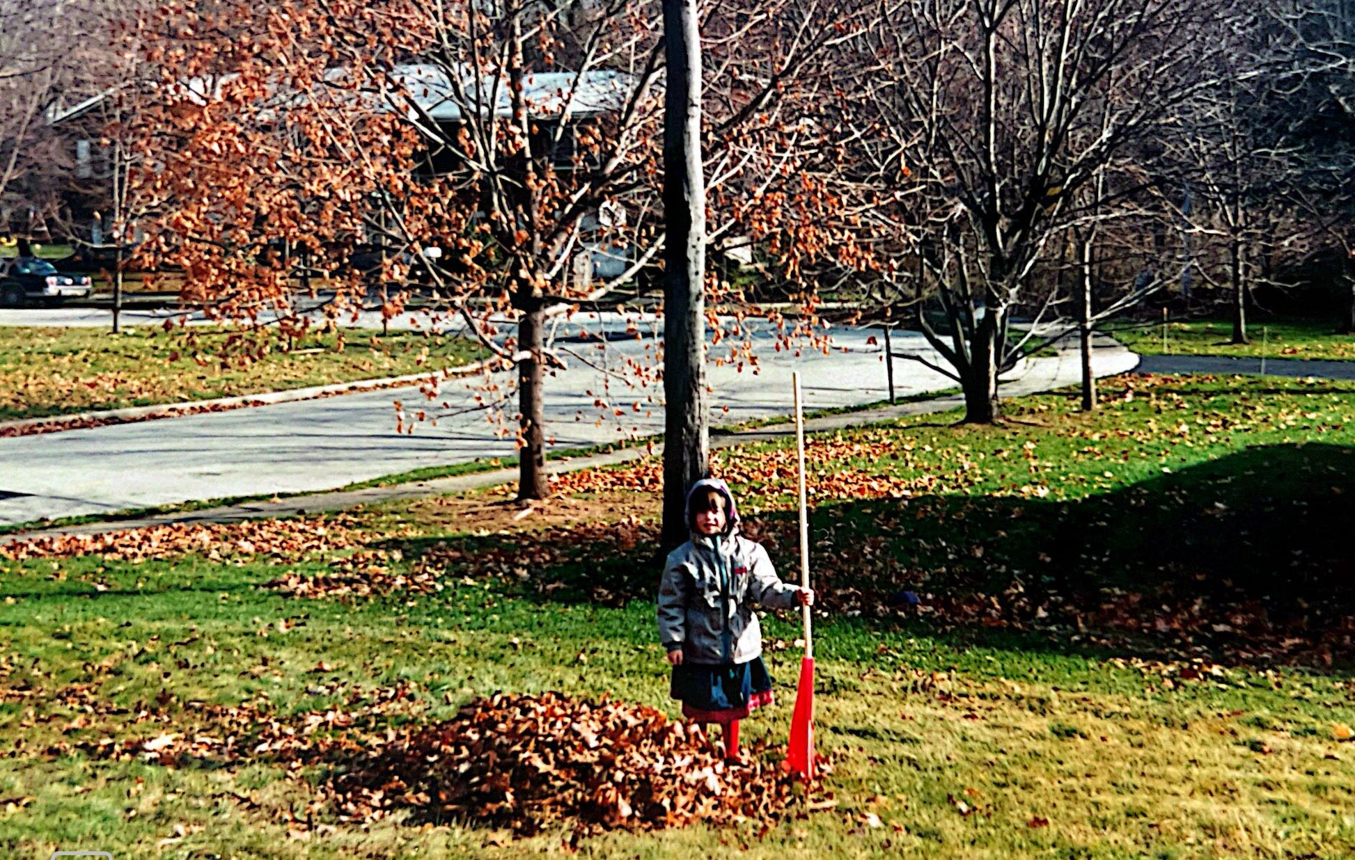 little girl raking leaves in fall