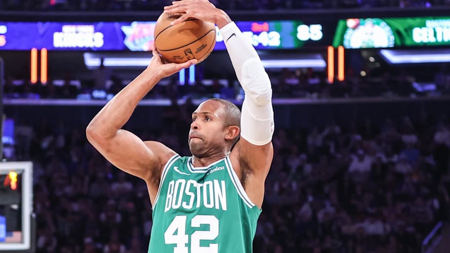 May 10, 2025; New York, New York, USA; Boston Celtics center Al Horford (42) takes a three point shot in the third quarter against the New York Knicks during game three of the second round for the 2025 NBA Playoffs at Madison Square Garden. Mandatory Credit: Wendell Cruz-Imagn Images | Wendell Cruz-Imagn Images