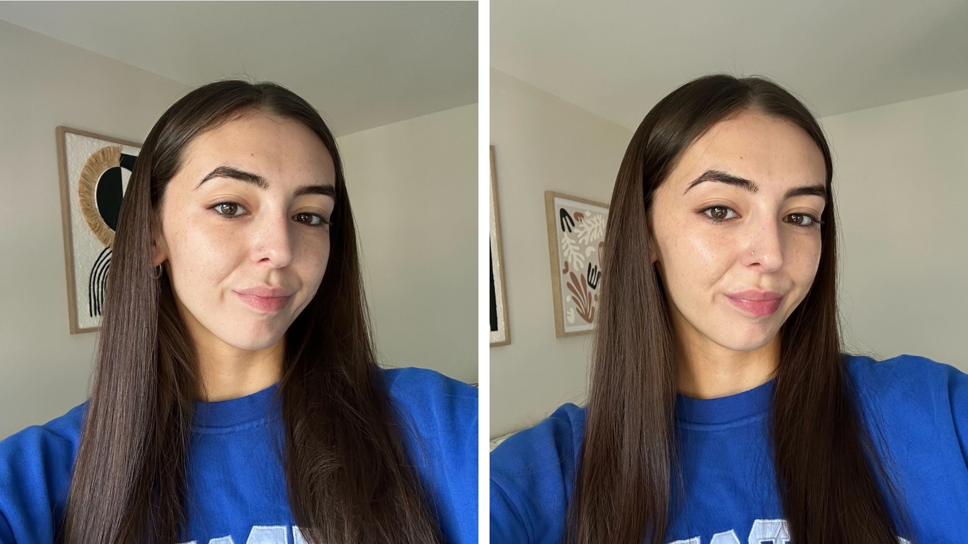 On the left, image of Sennen Prickett before applying the Jones Road Everyday Sunscreen, with long straight brunette hair and a blue jumper. On the right, image of Sennen after applying the Jones Road Everyday Sunscreen.
