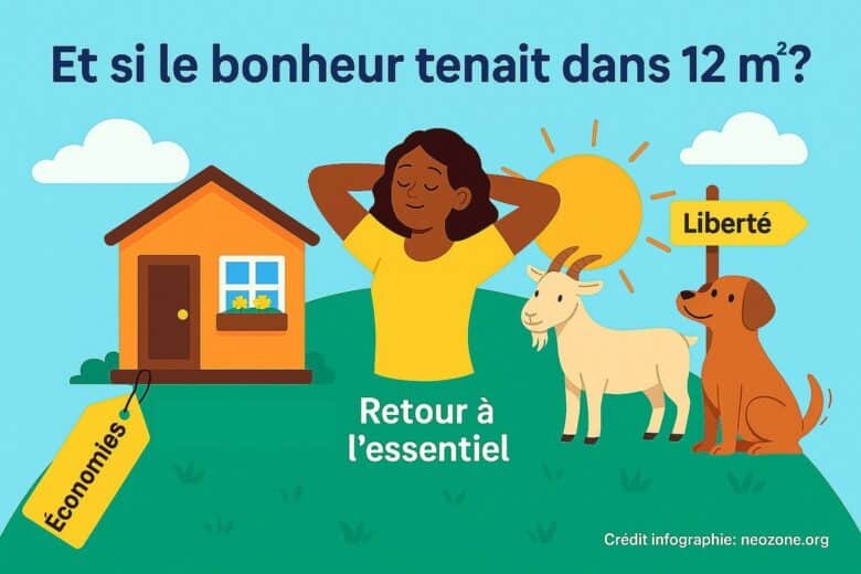 Infographie : vivre en tiny house toute l’année, pour troquer le superflu contre des chèvres, des chiens et une bonne dose de liberté. Crédit infographie : neozone.org.