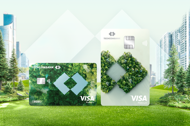 Bộ đôi thẻ xanh theo dõi dấu chân carbon đầu tiên tại Việt Nam Techcombank Visa Eco. Ảnh: Techcombank