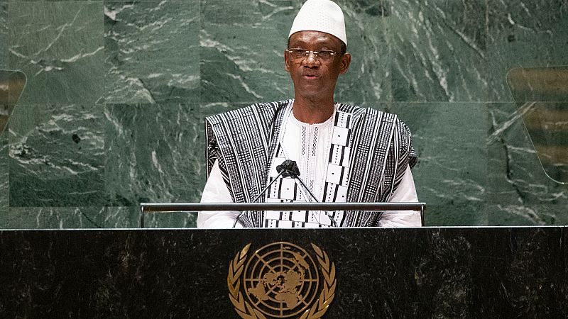 FILE - Mali's Prime Minister Choguel Maiga addresses the 76th session of the United Nations General Assembly at U.N. headquarters, Sept. 25, 2021.