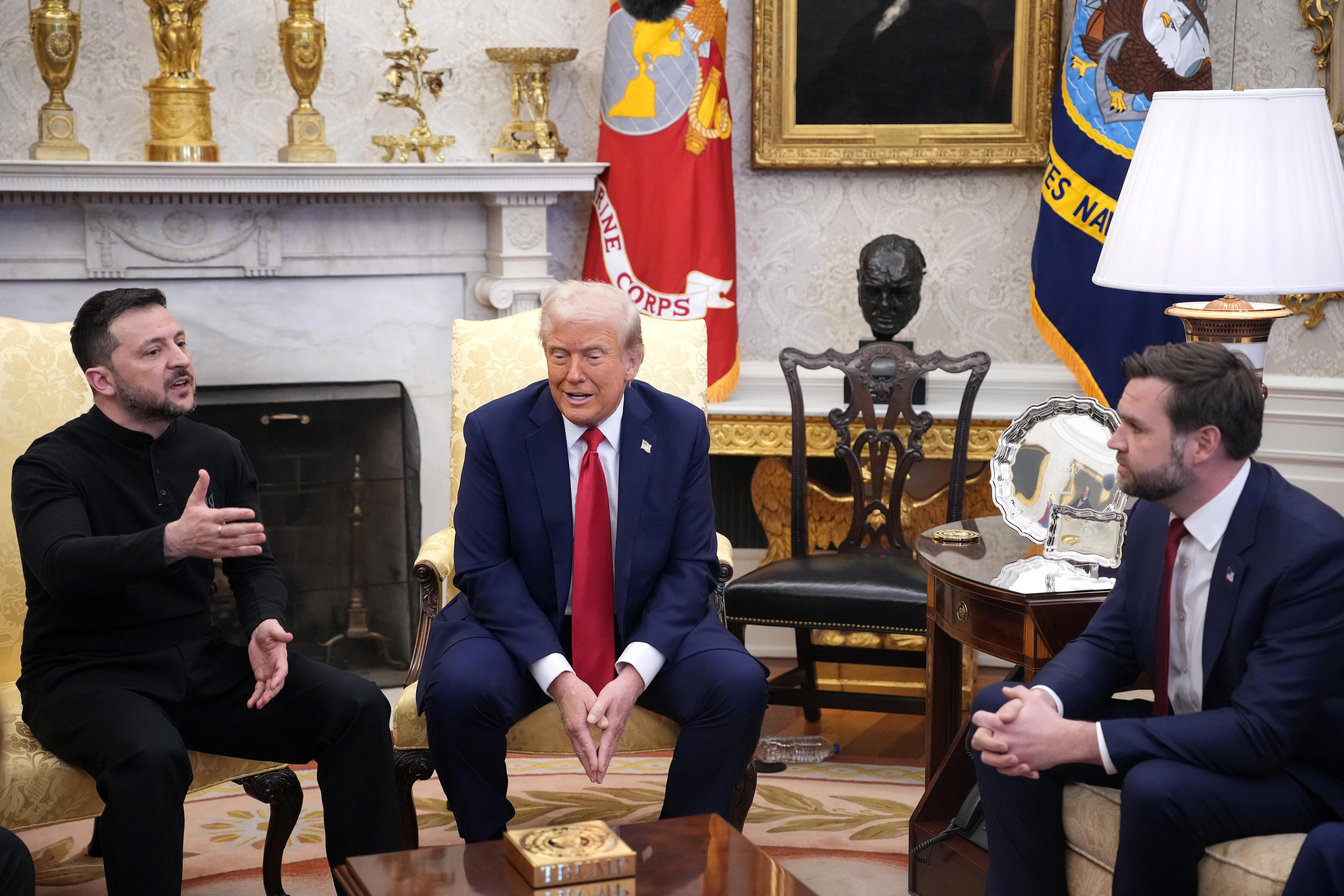 President Donald Trump (C) and Vice President JD Vance meet with Ukrainian President Volodymyr Zelensky in the Oval Office at the White House on February 28, 2025 in Washington, DC.
