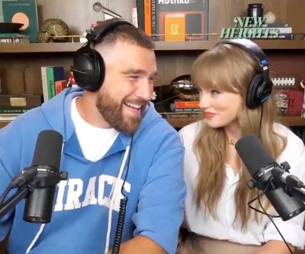 Travis Kelce and Taylor Swift discuss their offseason on the “New Heights” podcast on August 13, 2025. X/New Heights