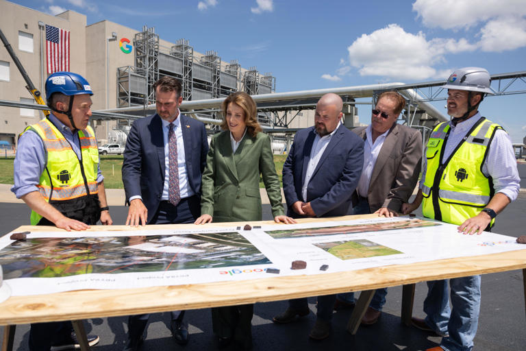 Business and community leaders joined Gov. Kevin Stitt and Ruth Porat, president and chief investment officer of Alphabet and Google, to discuss the impact of Google's new two-year $9 billion investment in Pryor, Oklahoma.