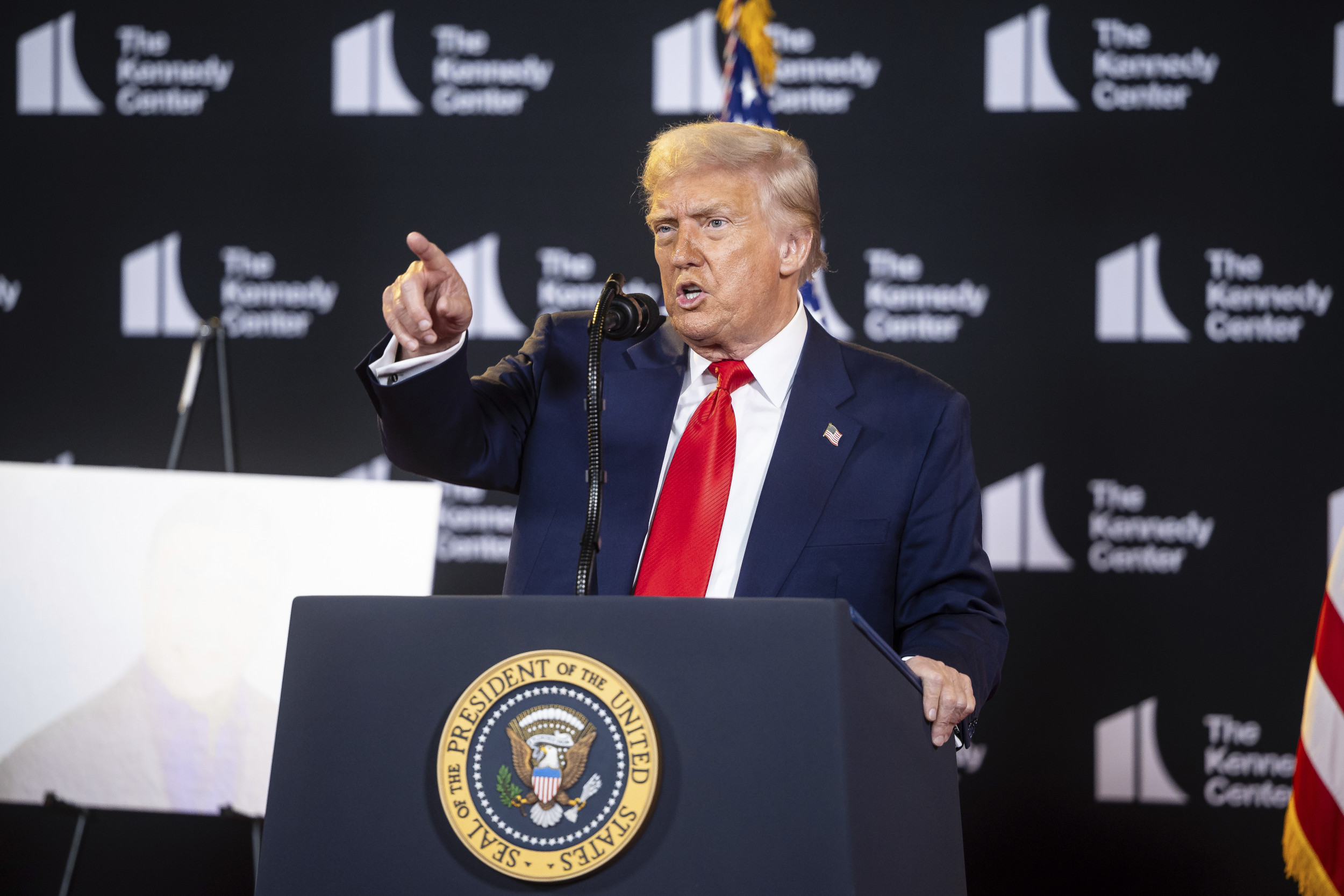 President Donald Trump delivers remarks during an event at the Kennedy Center in Washington, D.C., Aug. 13, 2025. (Francis Chung/POLITICO via AP Images) Francis Chung/AP
