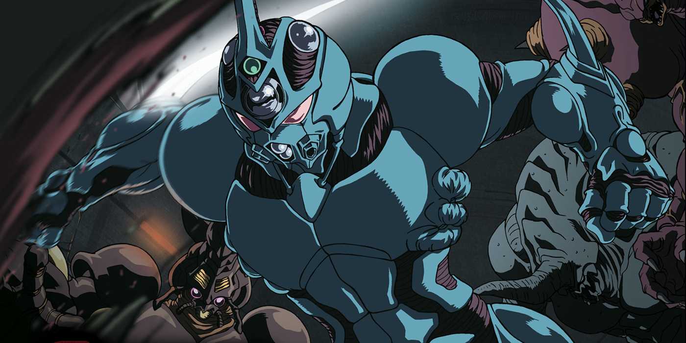 The Guyver from Guyver: The Bioboosted Armor fighting monsters.