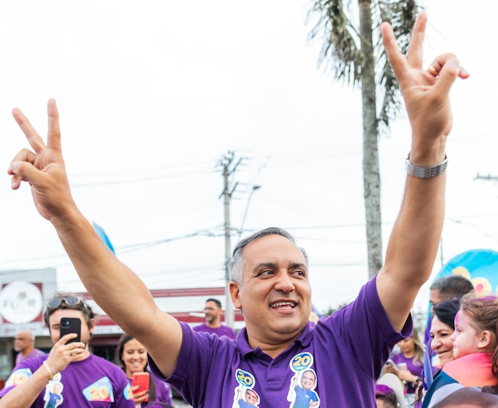 Prefeito eleito em São Bernardo do Campo Marcelo Lima (Podemos) durante a campanha Foto: Divulgação/Campanha Marcelo Lima
