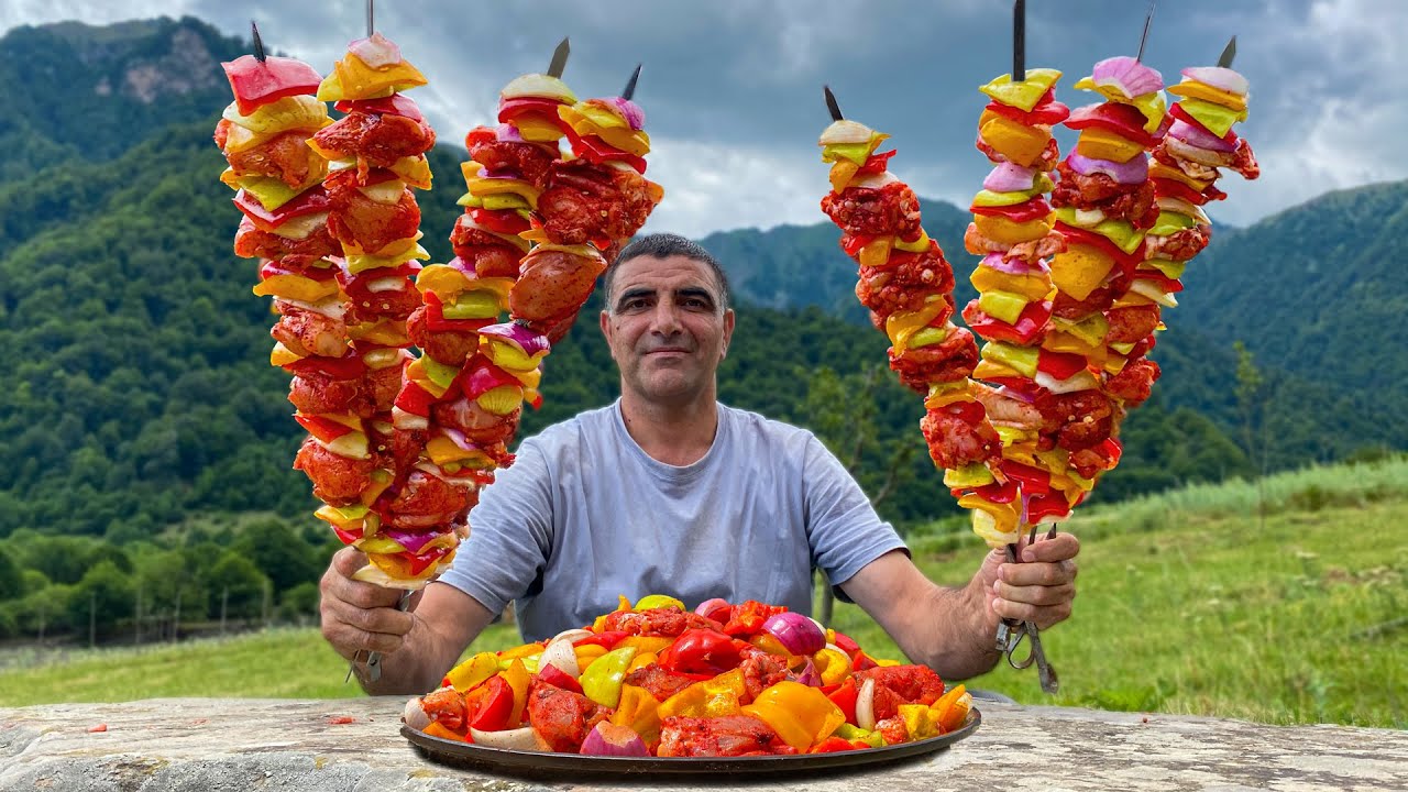 Chicken Kebab and Vegetables Cooked Outdoors