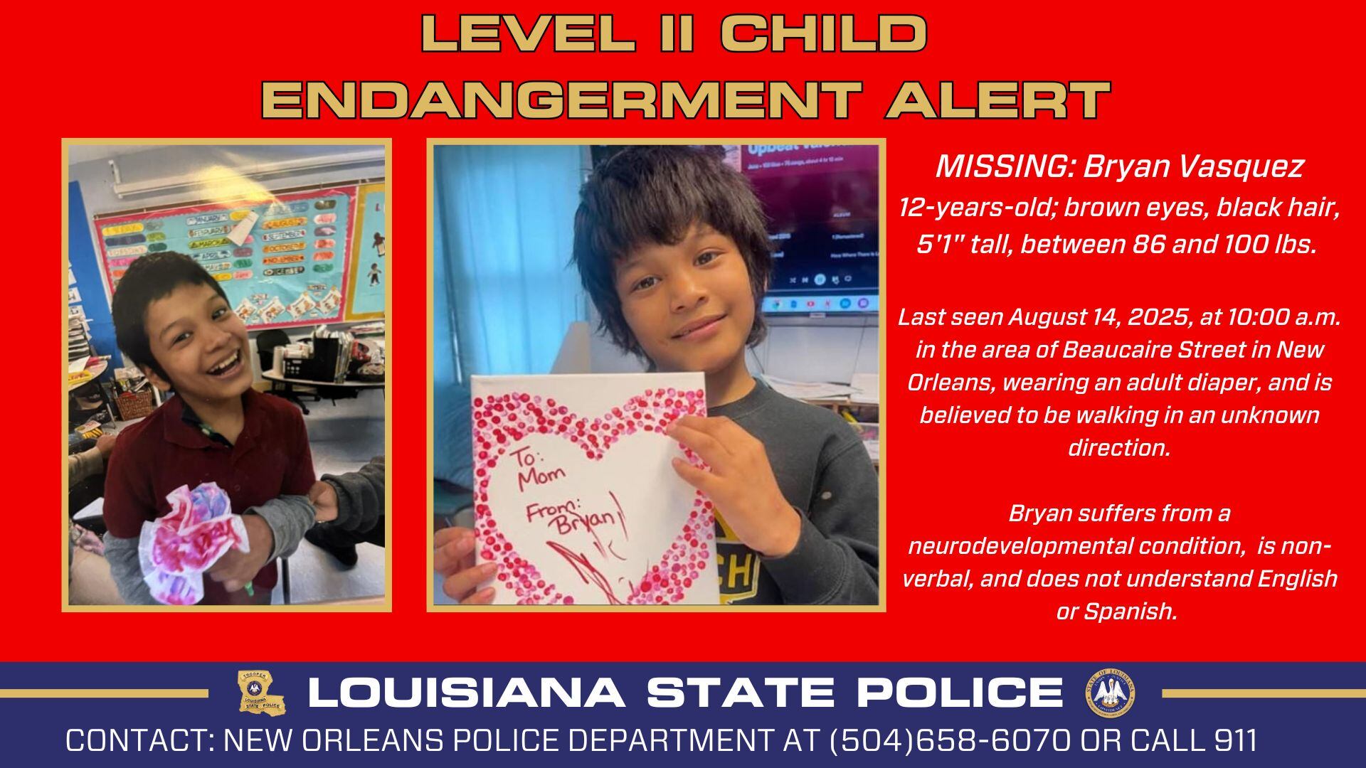 Missing Child Alert issued for boy with severe brain condition; doesn’t