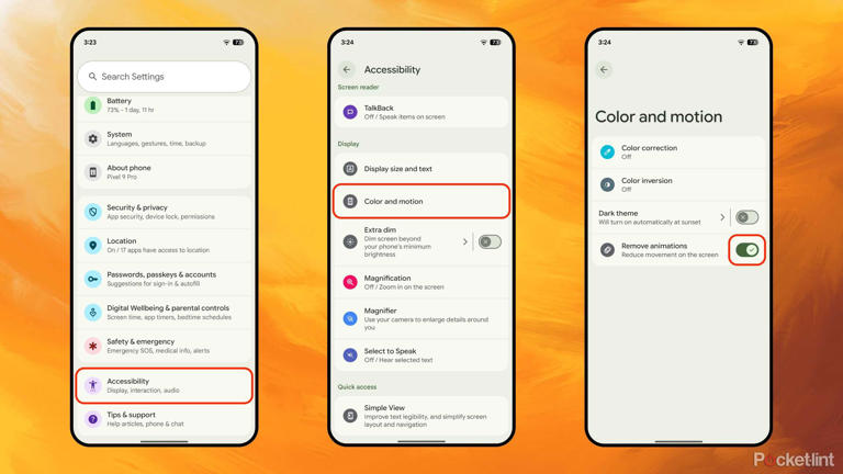 Android Color and motion accessibility screenshots