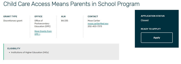 A screenshot of the U.S. Department of Education's website from Aug. 14, 2025, shows new applications for the CCAMPIS grant were still "closed."