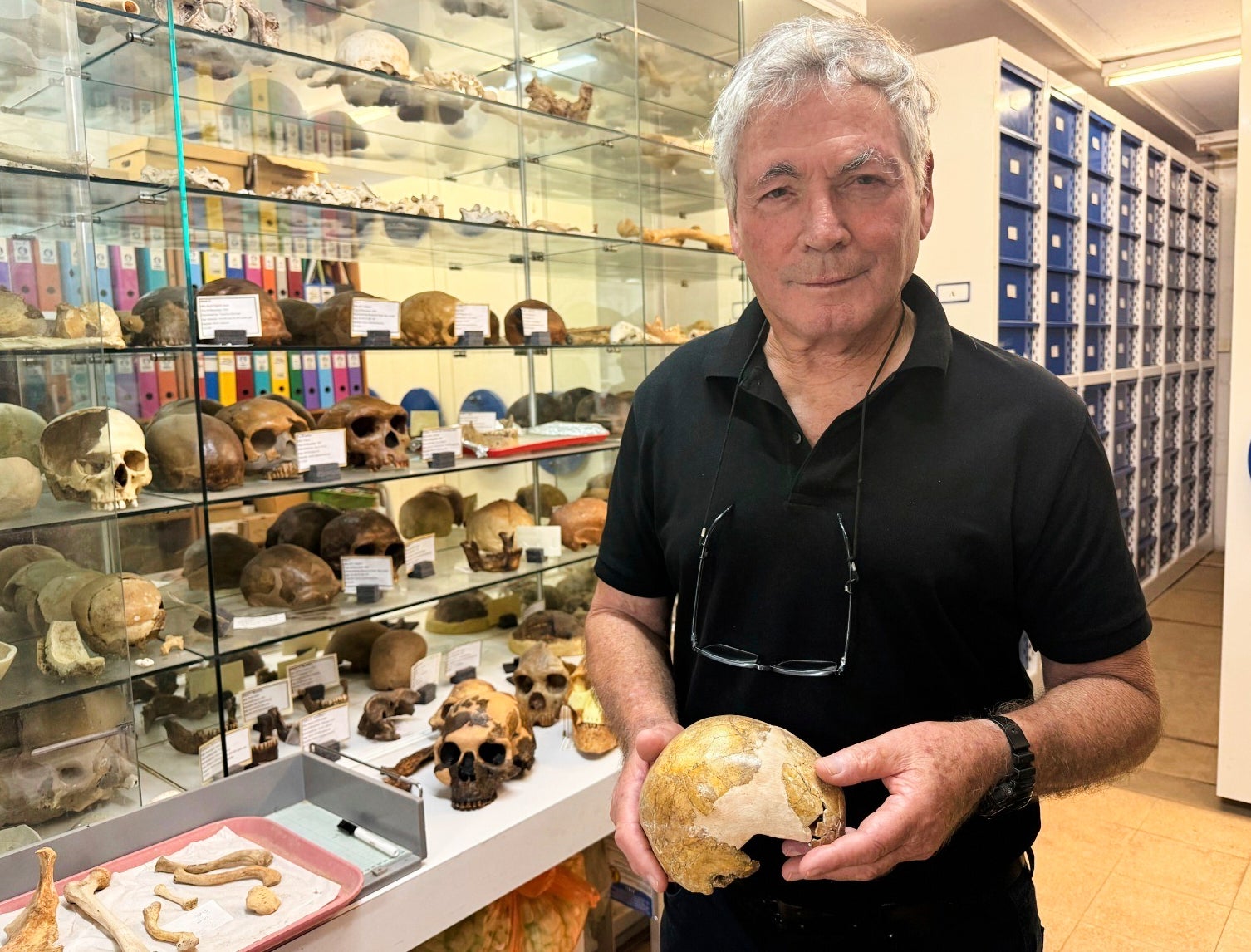 In this undated photo provided by Tel Aviv University, lead researcher Israel Hershkovitz holds the skull of a child from Skhul Cave, in Tel Aviv, Israel. (Tel Aviv University via AP)