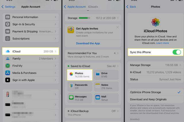 Steps on an iPhone showing how to sync photos with iCloud in Settings