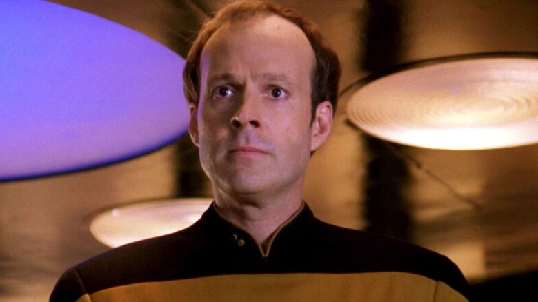 Dwight Scultz as Barclay in the transport room on Star Trek: The Next Generation
