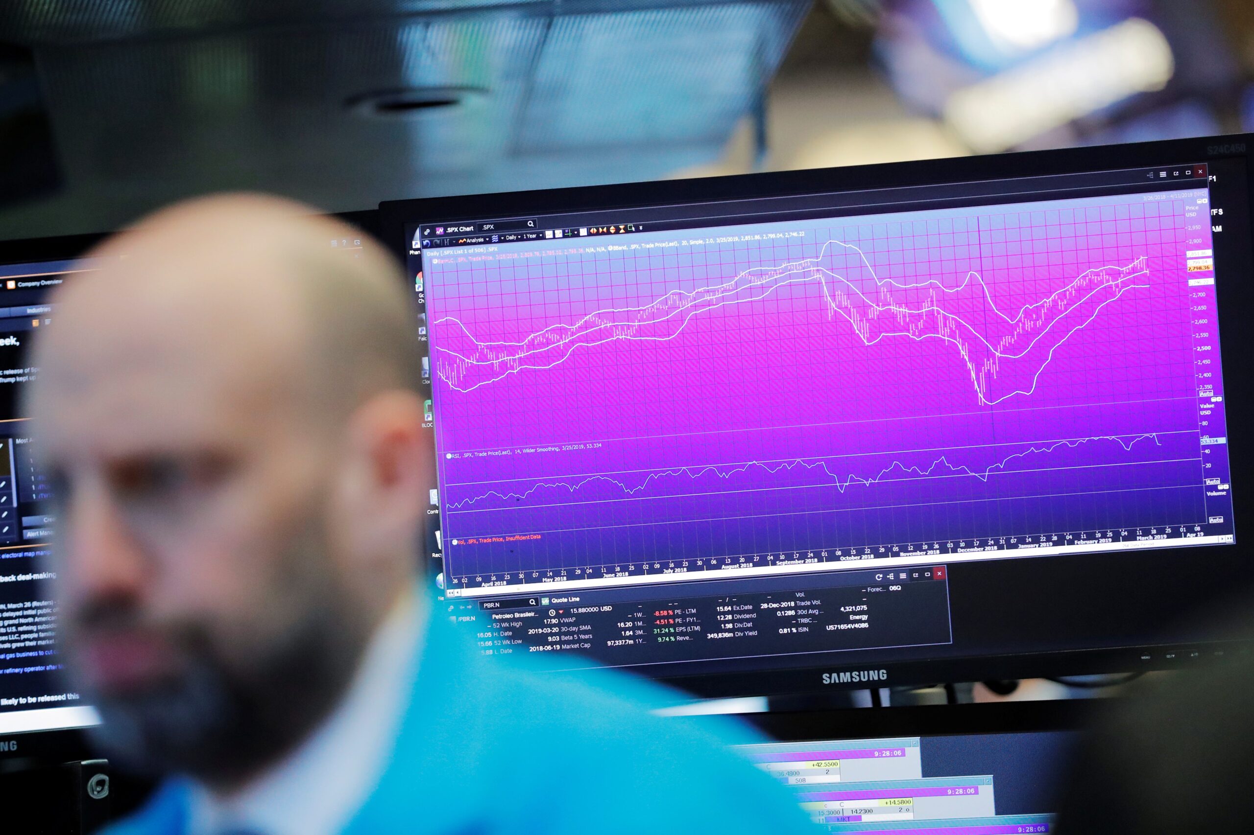 Kurz nach der Eröffnungsglocke in New York wird hinter einem Händler auf dem Parkett der New Yorker Börse (NYSE) ein Chart angezeigt.