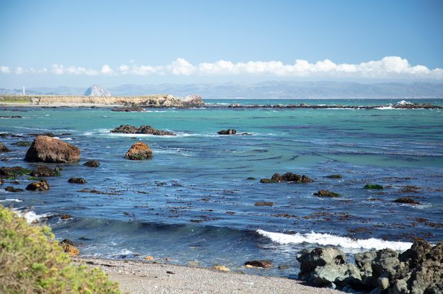 A beach with rocks by the shoreline and a distant coastline