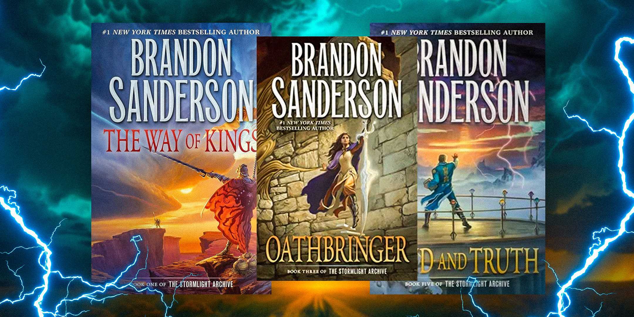 The Way of Kings, Oathbringer, and Wind and Truth Stormlight Archive covers