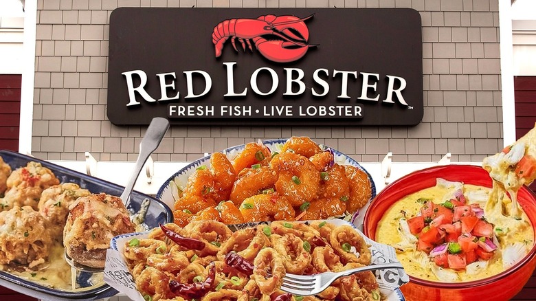 A variety of Red Lobster appetizers in front of a Red Lobster sign